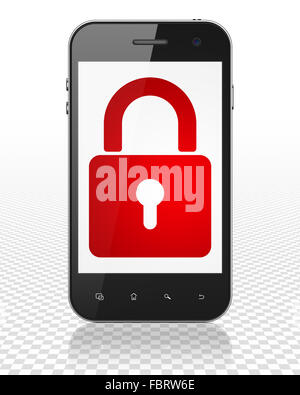 Il concetto di privacy: Smartphone con lucchetto chiuso sul display Foto Stock
