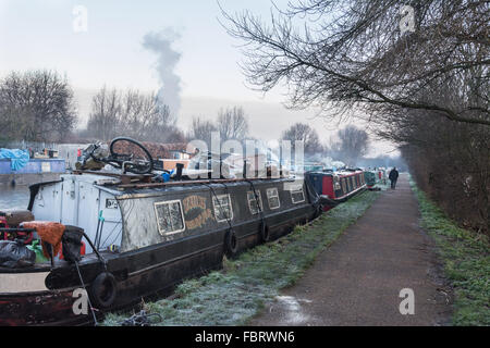 Tottenham paludi, LONDRA, REGNO UNITO, 19 gennaio 2016. Regno Unito: Meteo temperature di congelamento gettato una coltre di brina su Tottenham paludi e di uno strato di ghiaccio sul fiume Lee. Credito: Patricia Phillips/Alamy Live News Foto Stock