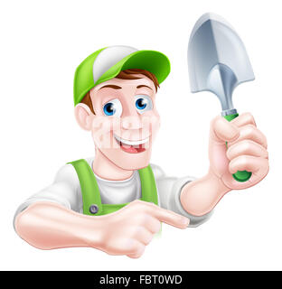 Un cartoon mascotte di giardinaggio giardiniere uomo tenendo un giardino cazzuola e puntamento Foto Stock