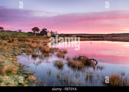 Sunrise over Dozmary Pool su Bodmin Moor in Cornovaglia, un piccolo lago naturale immerso nella leggenda arturiana e ripetutamente th Foto Stock