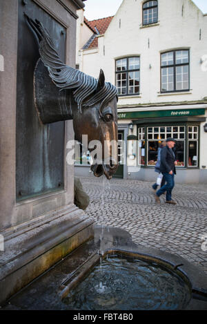 Testa di cavallo fontana, Bruges Foto Stock