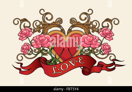 Cuore in rose con le spine e la formulazione di amore. Illustrazione in stile tatuaggio. Illustrazione Vettoriale