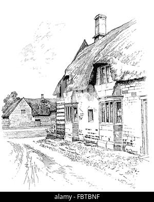 Regno Unito, Inghilterra, Rutland, Caldecott, vecchio cottage con il tetto di paglia con finestre a bovindo accanto alla strada attraverso il villaggio, nel 1911, illustrazione di linea b Foto Stock