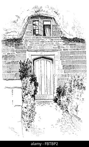 Regno Unito, Inghilterra, Rutland, Caldecott, vecchio cottage con il tetto di paglia porta ad arco con piccole superiore, finestra pavimento, nel 1911, illustrazione di linea da, Foto Stock