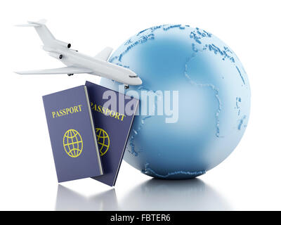 3D renderer illustrazione. Aeroplano, passaporto e globo terrestre. Il viaggio con la compagnia aerea del concetto. Isolato sfondo bianco Foto Stock