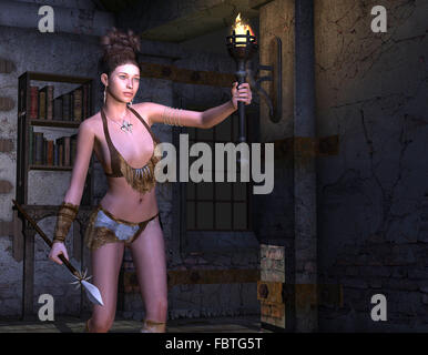 Giovane guerriero con lancia e torcia Foto Stock