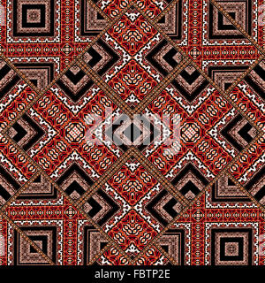 Complesso intricato astratta geometrica islamico o stile etnico seamless pattern in rosso ad elevato contrasto, toni del bianco e del nero. Foto Stock