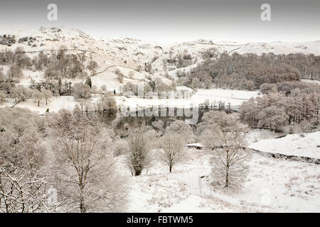 Loughrigg Tarn dopo una notte di caduta di neve in The Langdale Valley, Lake District, UK. Preso il 17 gennaio 2016. Foto Stock