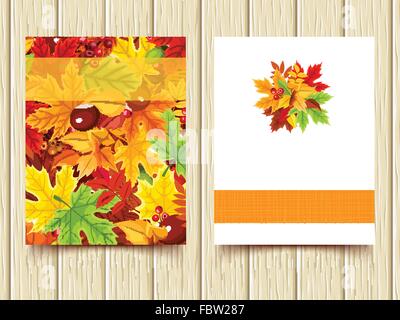 Vettore volantini colorati con foglie di autunno. Illustrazione Vettoriale