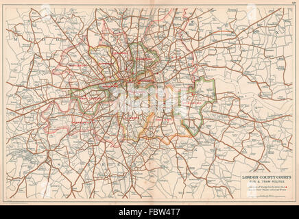 LONDON COUNTY TRIBUNALI + autobus e tram. Vintage map. BACON, 1927 Foto Stock