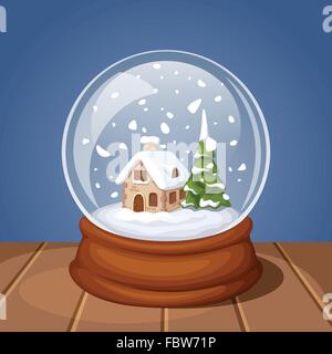 Natale di vetro snow globe con casa e abete. Illustrazione Vettoriale. Illustrazione Vettoriale