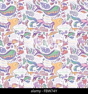 Soft bianca seamless sfondo vettoriale con le balene, pesci, coralli Illustrazione Vettoriale