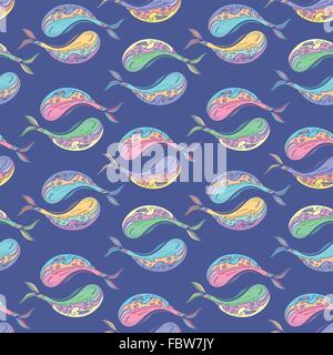 Vettore di blu mare pattern in stile sketch con pesci di mare Illustrazione Vettoriale
