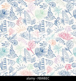 Vettore senza giunture sfondi doodle stile, con il mare di icone e simboli per vacanza business design, spa e centri di bellezza, Bali f Illustrazione Vettoriale