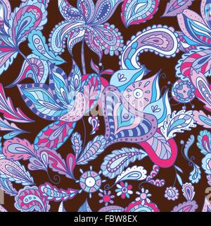 Blue etnica ornamenti di Paisley con colore rosa su sfondo marrone, fresche e il contrasto per i tessili, carta da parati e design Illustrazione Vettoriale