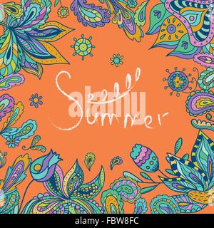 Hot vettore colorati con telaio grunge lettering con etnici Indiani paisley e ornamenti floreali Illustrazione Vettoriale