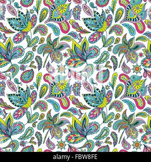 Brillante background etnico con paisley, ornamenti floreali e volute multi colorata in stile sketch per tessili creativi e la parete Illustrazione Vettoriale