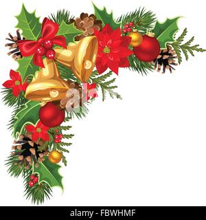 Natale angolo decorativo con abete rami, sfere, campane, agrifoglio, poinsettia e coni. Illustrazione Vettoriale. Illustrazione Vettoriale