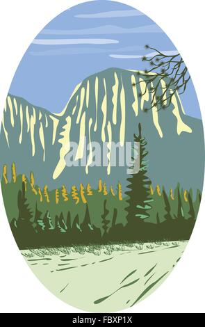 WPA illustrazione dello stile di El Capitan un monolito di granito verticale e formazione di roccia nel Parco Nazionale di Yosemite, situato sul lato nord della valle di Yosemite, in prossimità della sua estremità occidentale insieme all'interno di forma ovale fatto in stile retrò. Illustrazione Vettoriale