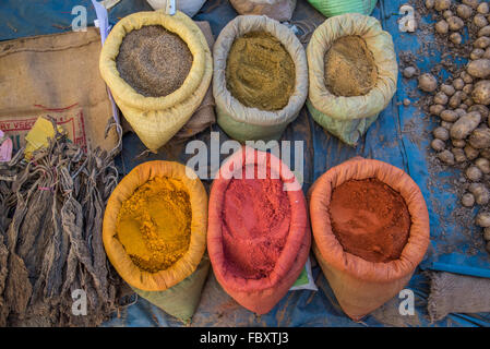 Mercato indiano. Sacchi di erbe, polveri e spezie vibranti disponibili presso il grande e molto vivace mercato del sabato Balipara, Assam, India. Foto Stock