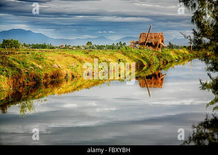 Canale di irrigazione sistema nel campo di riso Foto Stock