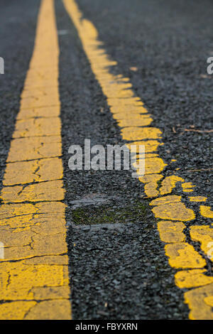 Vecchio dipinto di giallo linee su asfalto con MOSS. Foto Stock