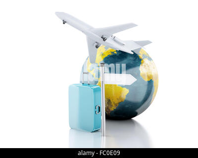 3d valigia viaggio, aereo e globo mondo trav. Foto Stock