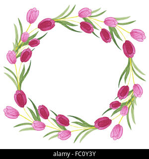 Tulipani ghirlanda acquerello su sfondo bianco. Illustrazione ad acquerello con copia spazio. Concetto del fiore per matrimonio o parte Foto Stock