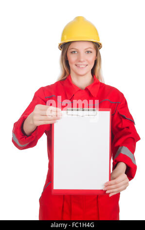 La donna nel concetto industriale isolato su bianco Foto Stock