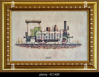 Pittura del treno d'epoca. Dipinto incorniciato di una locomotiva a vapore americana 1850 Foto Stock