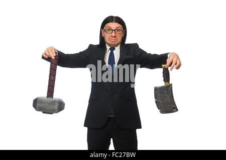 Bello imprenditore tenendo un martello isolato su bianco Foto Stock