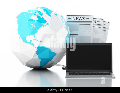 3D portatile con notizie e globo terrestre. Concetto di media Foto Stock