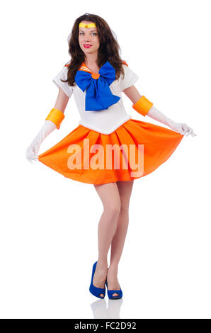 Modello indossa Sailor Moon suit isolato su bianco Foto Stock