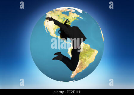 Immagine composita di allegro giovane donna jumping Foto Stock