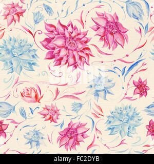 Vintage con sfondo rosa e blu peonia dipinto a mano su tela di lino carta Foto Stock