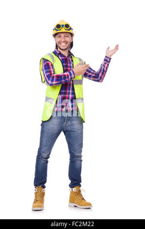 Giovane lavoratore edile nel casco isolato su bianco Foto Stock