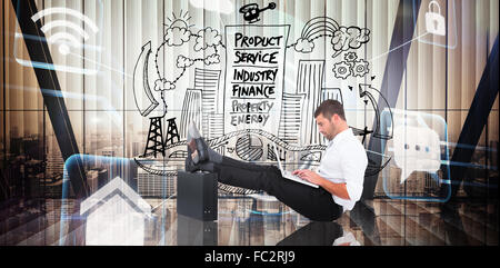 Immagine composita di imprenditore con piedi sulla valigetta Foto Stock