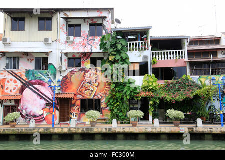 Arte di strada lungo il fiume Malacca, Malacca, Malaysia. Foto Stock