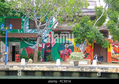 Arte di strada lungo il fiume Malacca, Malacca, Malaysia. Foto Stock