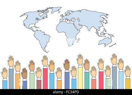 Mappa mondo sollevata fino a mani Unione internazionale Illustrazione Vettoriale
