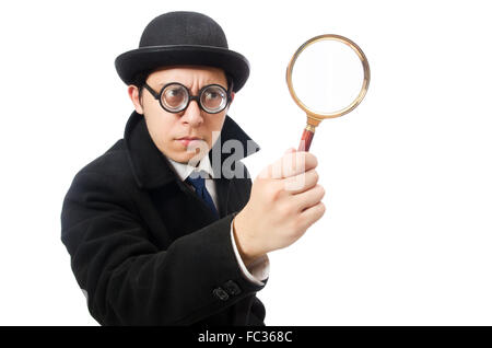 Detective con lente di ingrandimento isolato su bianco Foto Stock