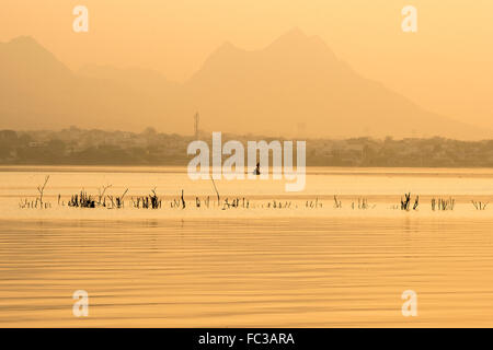 Tramonto Dorato a Ana Sagar lago in Ajmer, India con sagome di alberi e fisherman. Foto Stock