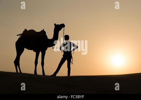 Silhoutte di Camel Boy traversata nel deserto del Thar durante il tramonto. Deserto di Thar situato a Jaisalmer, Rajastan, India. Foto Stock