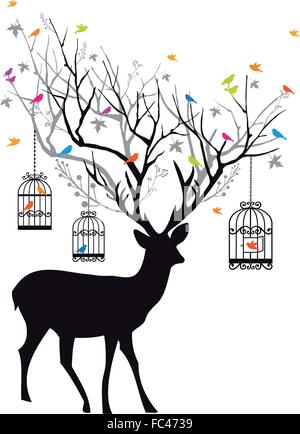 Cervo con corna di albero, volières e uccelli, illustrazione vettoriale Illustrazione Vettoriale