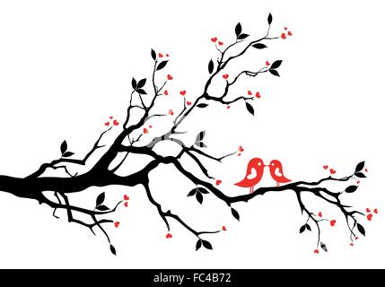 Cuore tree con amore rosso uccelli, illustrazione vettoriale Illustrazione Vettoriale