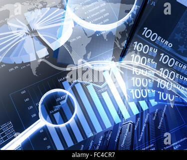 Illustrazione a colori degli affari finanziari e di tabelle e grafici Foto Stock