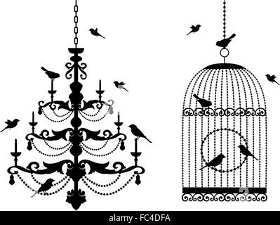 Vintage lampadario e birdcage con uccelli, illustrazione vettoriale Illustrazione Vettoriale