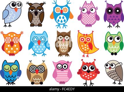 Set di colorati gufi, character design set di vettore Illustrazione Vettoriale