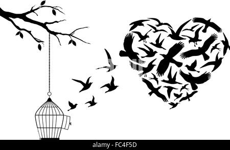 Uccelli in volo a forma di cuore con open birdcage, illustrazione vettoriale Illustrazione Vettoriale