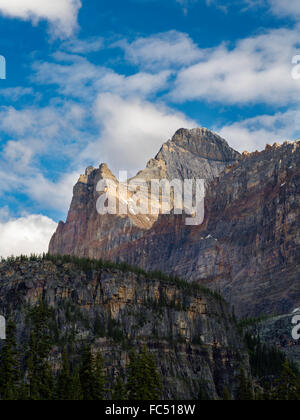 Vew del monte shaffer presi dalla riva del bellissimo lago remoto o'hara, nel Parco Nazionale di Yoho, nei pressi di campo, British Columbia Foto Stock